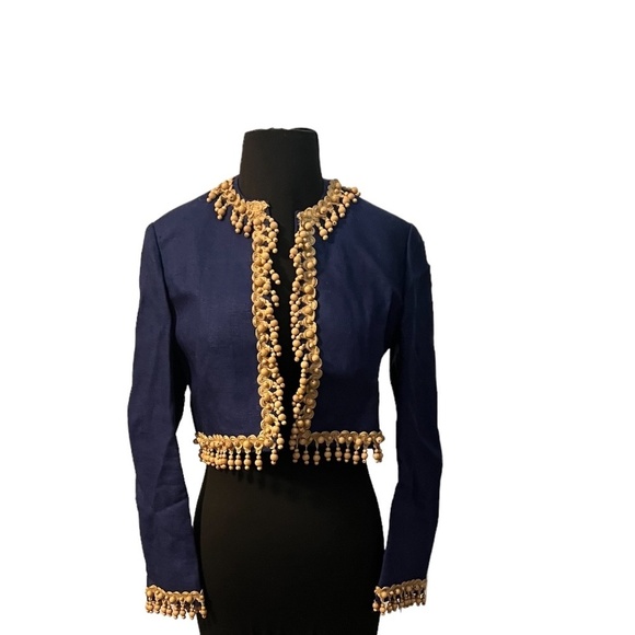 Vintage 1970s Joan Leslie by Kasper women's Jacket Navy Blue With Wood Appliqué - Picture 3 of 10